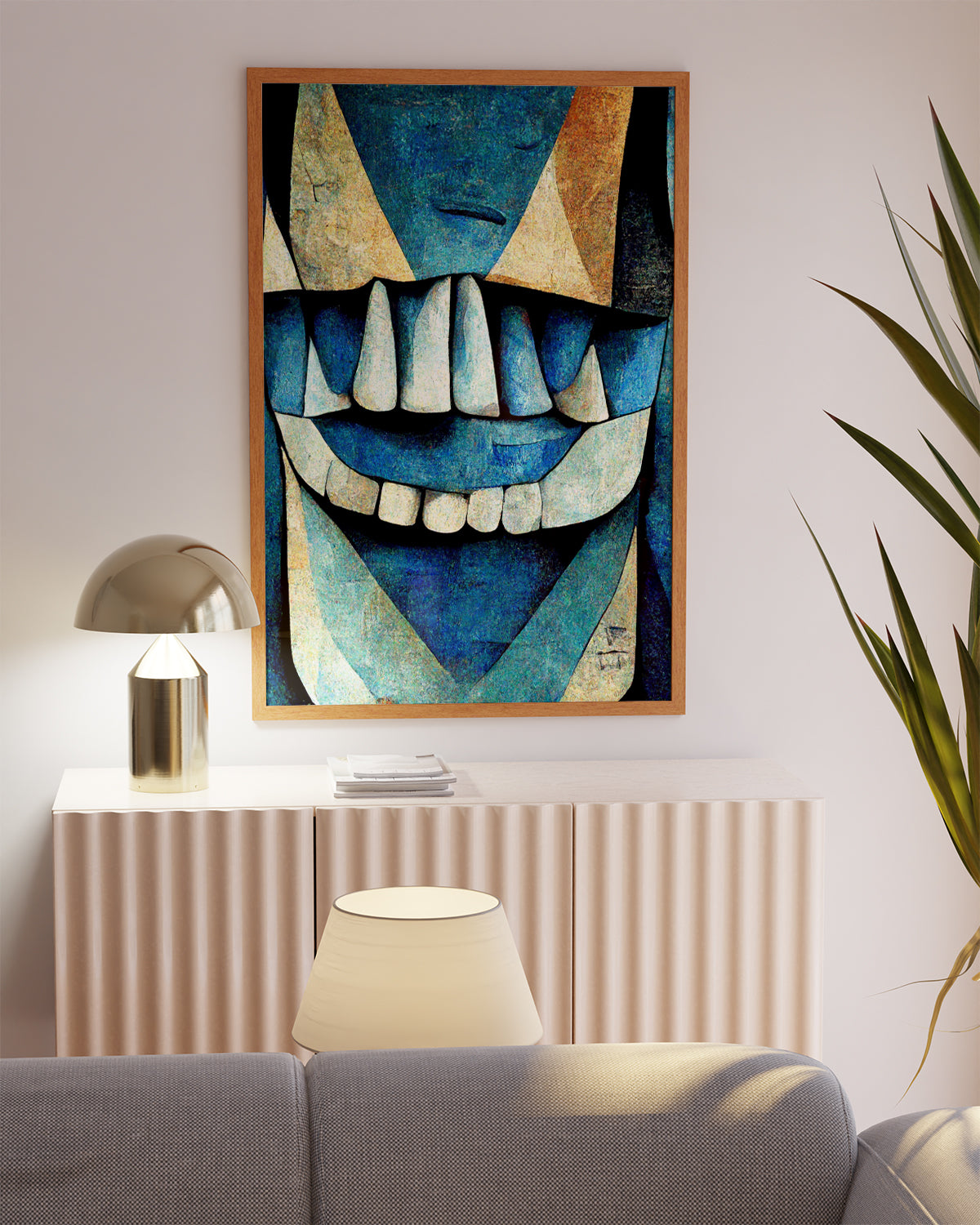 Vibrant dental art print depicting tooth anatomy." "Abstract dentistry artwork in Cubism style." "Colorful poster highlighting oral health and hygiene.