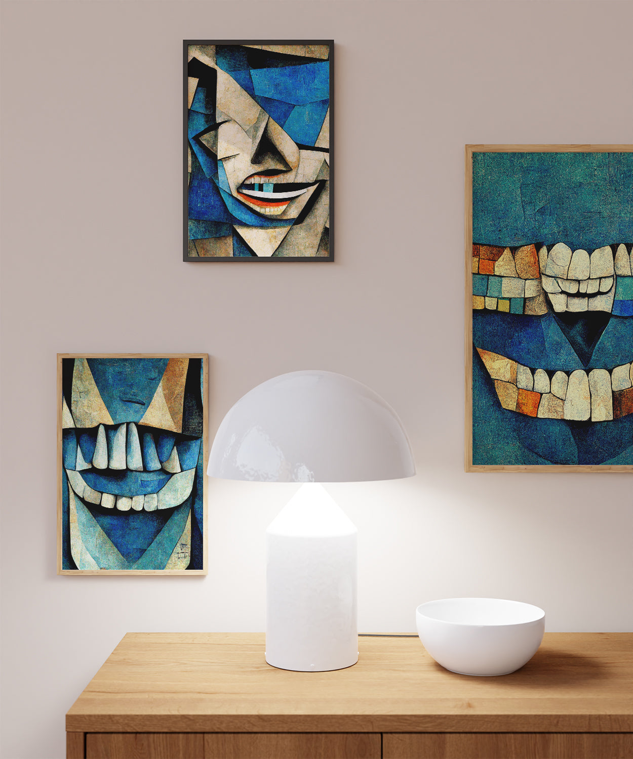Dental decor with Cubism-inspired design." "Illustration of teeth in dynamic and colorful form.