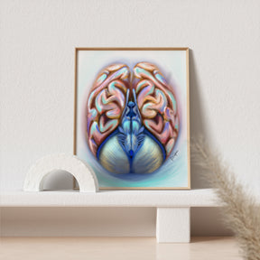 A captivating piece of wall art featuring a stylized depiction of the human brain, blending elements of a brain scan and abstract artistic design. The artwork is printed with intricate details, making it an ideal gift for neurologists, neurosurgeons, or anatomy enthusiasts. Perfect as an anatomy art poster or print, it combines scientific precision with modern aesthetics, offering a unique touch to any office or home decor.