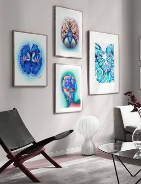 A captivating piece of wall art featuring a stylized depiction of the human brain, blending elements of a brain scan and abstract artistic design. The artwork is printed with intricate details, making it an ideal gift for neurologists, neurosurgeons, or anatomy enthusiasts. Perfect as an anatomy art poster or print, it combines scientific precision with modern aesthetics, offering a unique touch to any office or home decor.