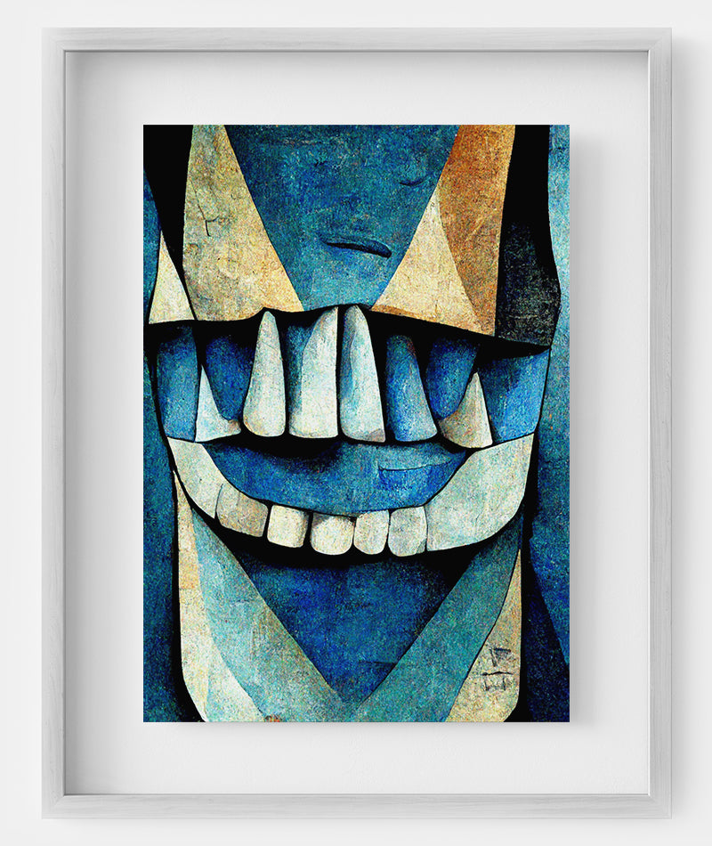 Vibrant dental art print depicting tooth anatomy." "Abstract dentistry artwork in Cubism style." "Colorful poster highlighting oral health and hygiene.