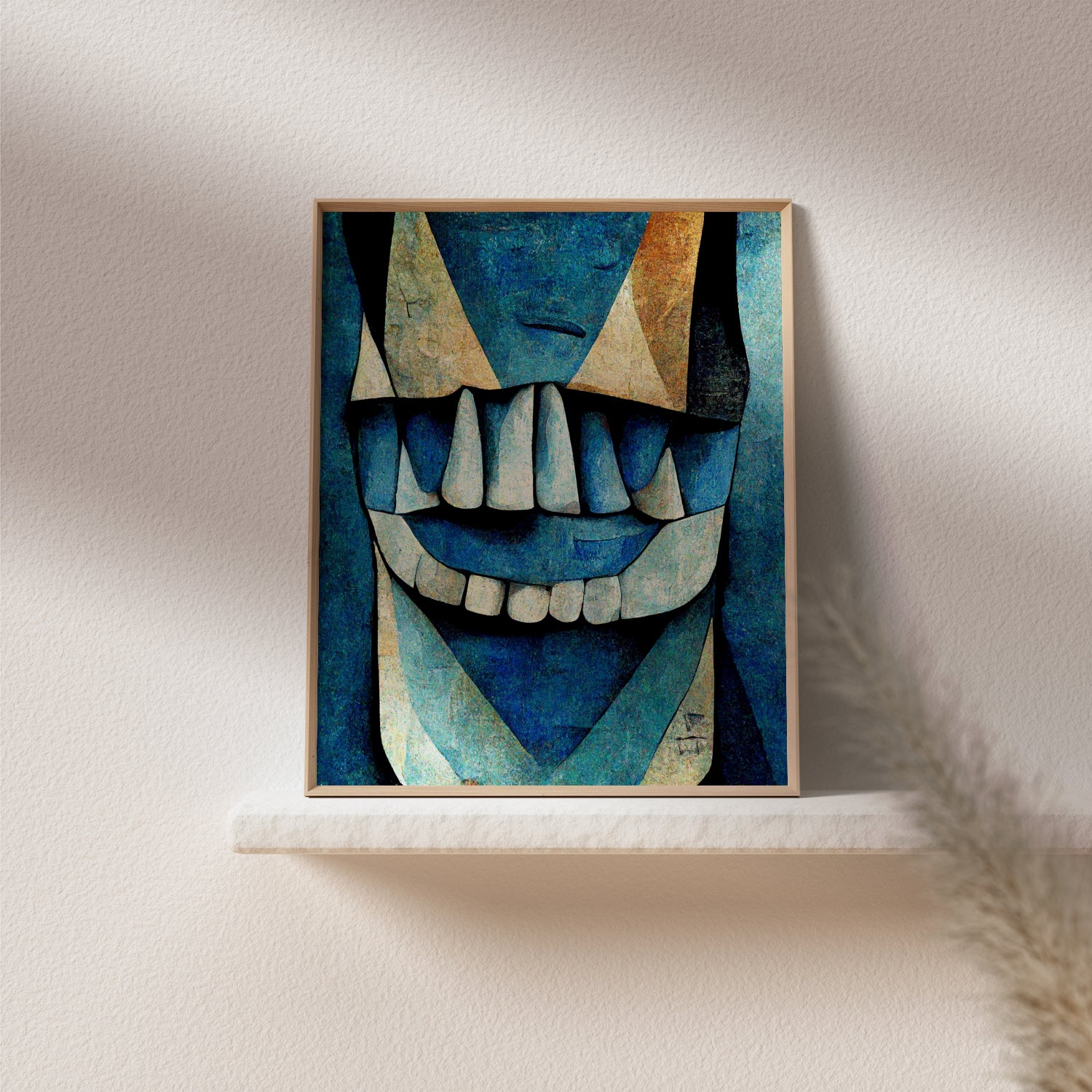Dental decor with Cubism-inspired design." "Illustration of teeth in dynamic and colorful form.